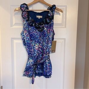 NWT Cathaya Floral Top Size 12 Belted Flattering Rosette Neckline I6